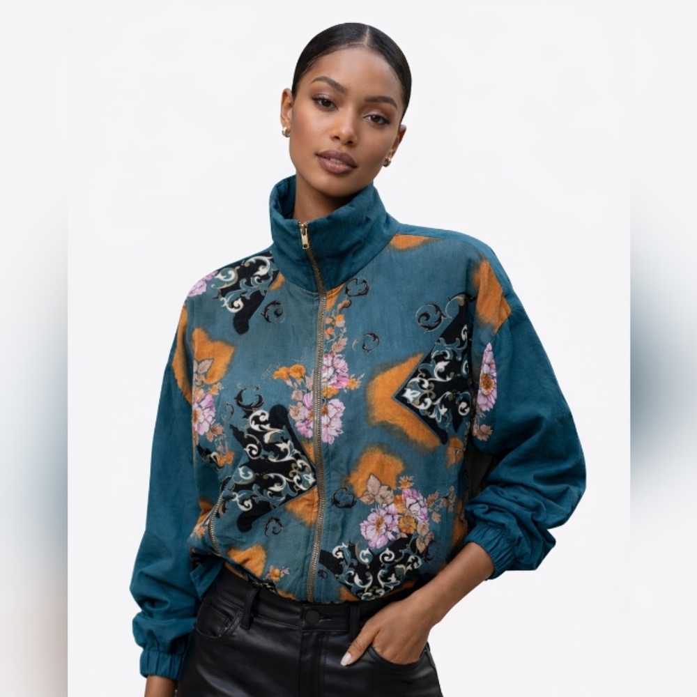 Sport Savvy Zippered Jacket Regal Print Floral Lightweight  Green Medium
